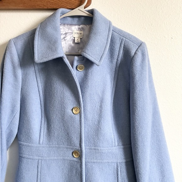 J Crew Lady Day Wool Blend Long Pea Coat Periwinkle Blue Gold Buttons Womens 8 - Picture 2 of 6